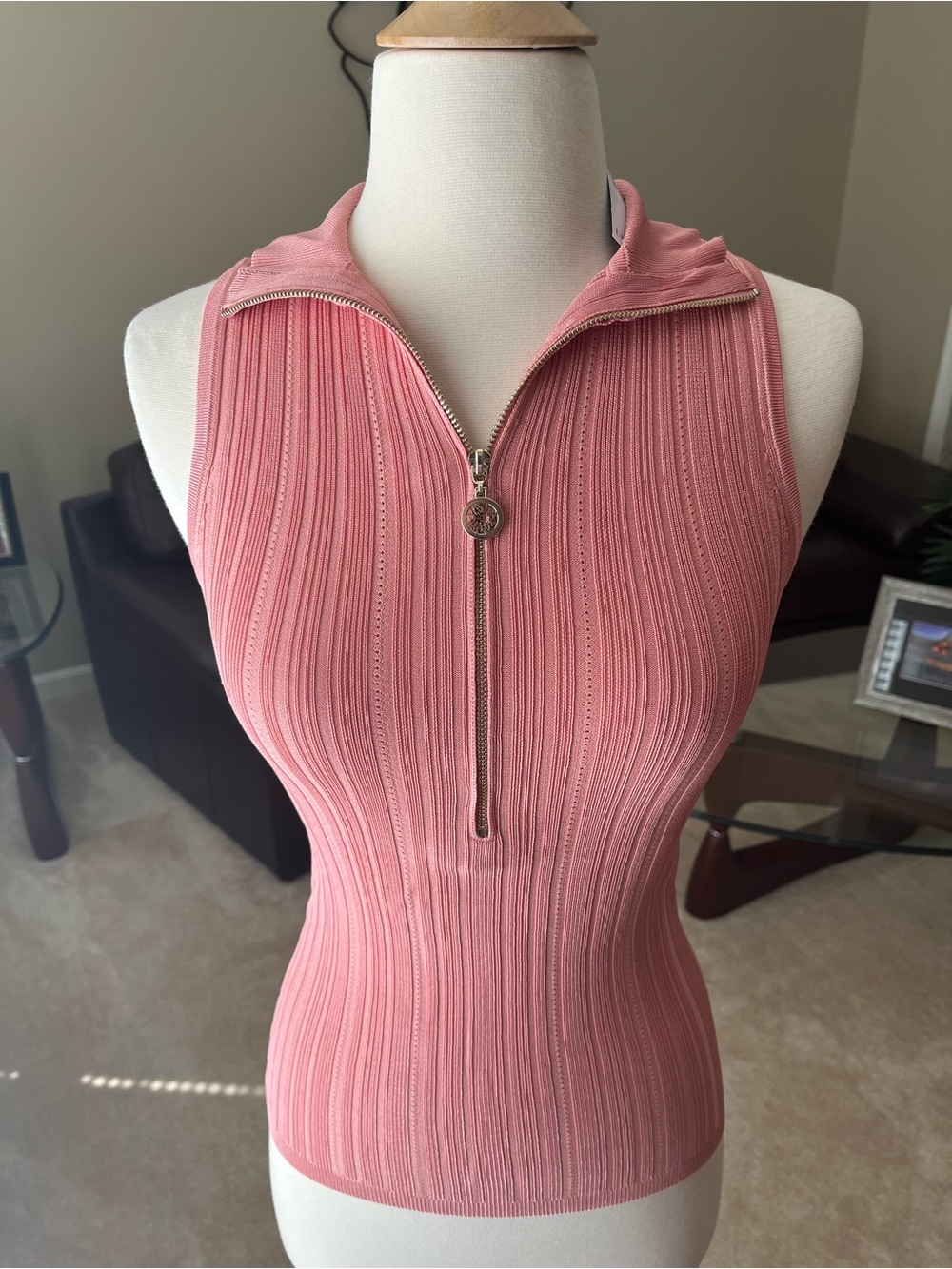 NWT White House Black Market Peachy Ribbed Zip-Front Sleeveless Tank